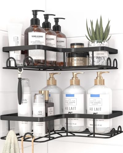 Kitsure Estantería Baño Esquina - 2 Piezas, Estantes de Ducha Adhesivos con 8 Ganchos, Gran Capacidad, Acero Inoxidable Antioxidante, Secado Rápido y Fijación Fuerte, Negro, Tamaño Mediano