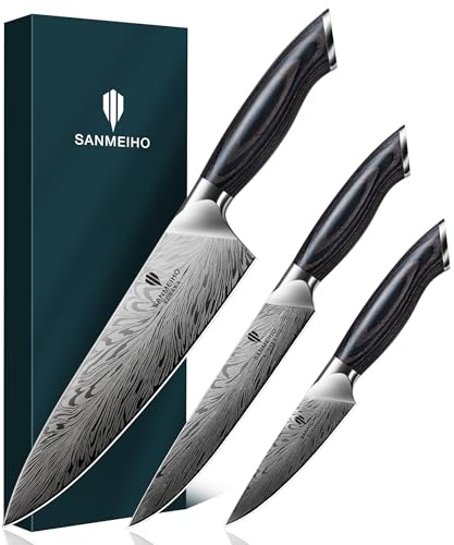 SANMEIHO Set de Couteaux de Cuisine Japonais 3 Pièces Acier en Poudre | Set Couteaux de Chef, Universel et Office Ultra Tranchants, Manche Ergonomique en Bois Haute Dureté