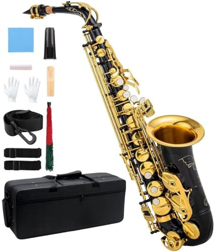 KOCAN Eb Alto Saxophone, Black and Gold Brass, 82Z Key Type | Floral Engraving, Complete Kit with Case, Strap & Cleaning Tools, Gloves Included, Reeds Included