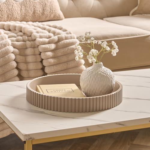 OHS Decorative Round Tray, Ribbed Coffee Table Tray Modern Bathroom Vanity Trays for Dresser Jewellery Toilet Tank Bedroom Kitchen Countertop Candle Holder Storage Organiser, Natural