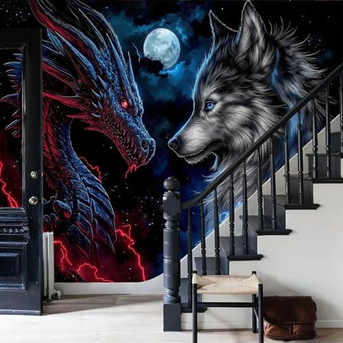 WunM Studio Papier Peint Dragons et loups Panoramique Ciel nocturne et pleine lune, éclairs bleus Papier Peint Murale Salon Chambre à Coucher Maison Décoration Intérieure,violet clair,350x256cm