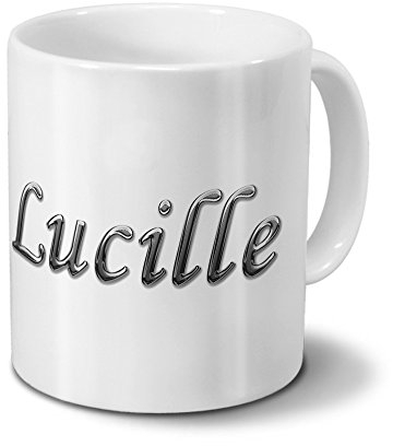 printplanet Tasse mit Namen Lucille - Motiv Chrom-Schriftzug - Namenstasse, Kaffeebecher, Mug, Becher, Kaffeetasse - Farbe Weiß