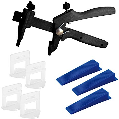 Lantelme Fliesen Nivelliersystem Kit Set für 2mm Fuge mit 100x Zuglaschen 50x Keile 1x Zange Fliesen Verlegehilfe Abstandhalter (2mm)