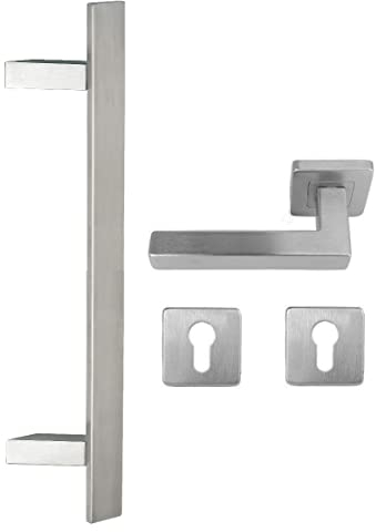 Edelstahl Haustür Beschlag- Flachgriff- Set auf quadratischen Rosetten 841Z Maß L: 1000/ Lochabstand B:800mm