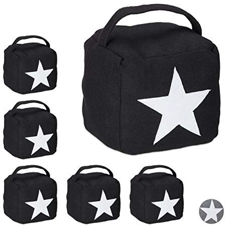 6 x Türstopper Stern, Türpuffer Stoff, Türsack Boden, hoch, mit Griff, dekorativ, HxBxT: 20 x 15 x 15 cm, schwarz