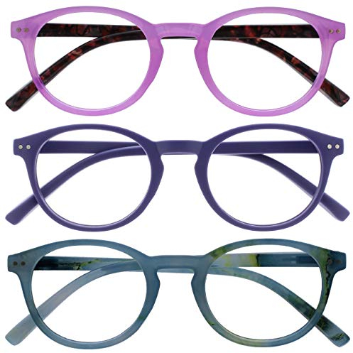 OPULIZE Zen Lesebrille 3er Pack Kleine Runde Rahmen Federscharniere Kratzfest Rosa Lila Türkis Herren Damen RRR24-45Q +2.00