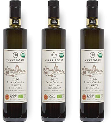 Terre Rosse - Olio Extravergine di Oliva Biologico Spremuto a Freddo - Monocultivar Moraiolo - Certificazioni DOP Umbria Colli Assisi Spoleto e Kosher/P - Campagna Olearia 2024-3 Bottiglie 750 ml