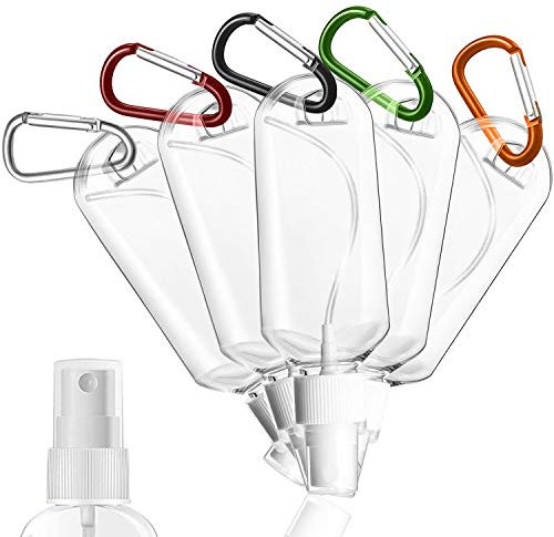 KINMAD 5 bottiglie spray da viaggio in plastica trasparente, a prova di perdite, vuote, ricaricabili, con portachiavi, per cosmetici, articoli da toeletta e liquidi (60 ml)