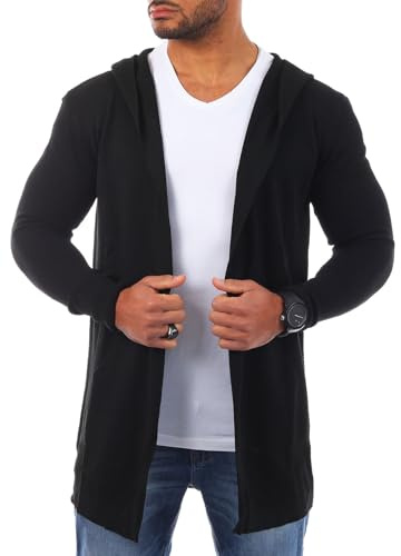 Carisma Herren Feinstrick Cardigan leichte Weste Strickjacke mit Kapuze Lange Passform Oversize Long fit 7717, Grösse:XL, Farbe:Schwarz
