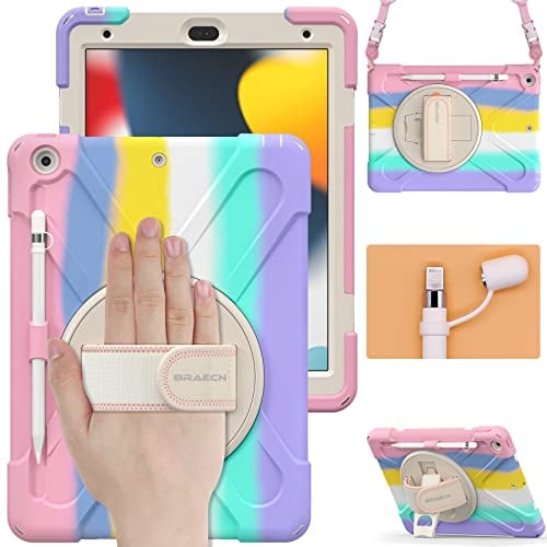BRAECN per Cover iPad 9/8/7 Generazione 10.2 Pollici, Antiurto Robusto Custodia con Integrato Pellicola Prottetiva, Supporto Girevole a 360° e Cinturino a Mano, Tracolla Portatile, Colorato