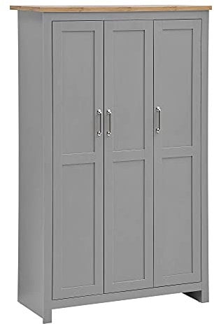 Timber Art Design UK Lisbon 3 Door Wardrobe Modern Almirah Storage Cupboard Organiser Unit With Shelving, Hanging Space, Bedroom Furniture with Chrome Handles - Light Grey