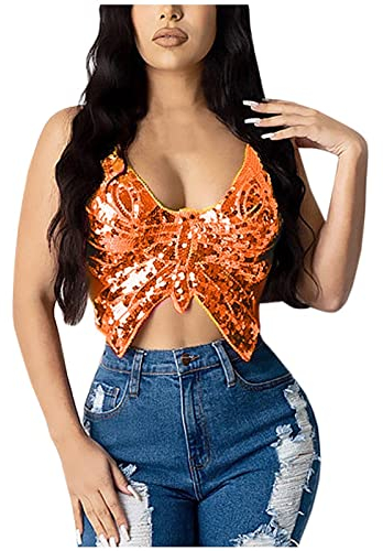 WanWorlder Damen Bauchtanz Kostüm BH Oberteil mit Pailletten Perlen Schmetterling Träger Top Halfter Crop Top Belly Dance Tanzkleidung (Orange, Freesize)