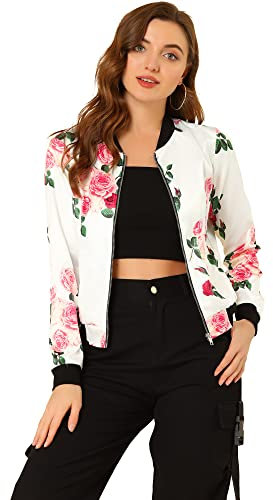 Allegra K Veste Bomber Femme Col Montant Zippé Imprimé Floral Costume d'Halloween Blanc fleur rose S