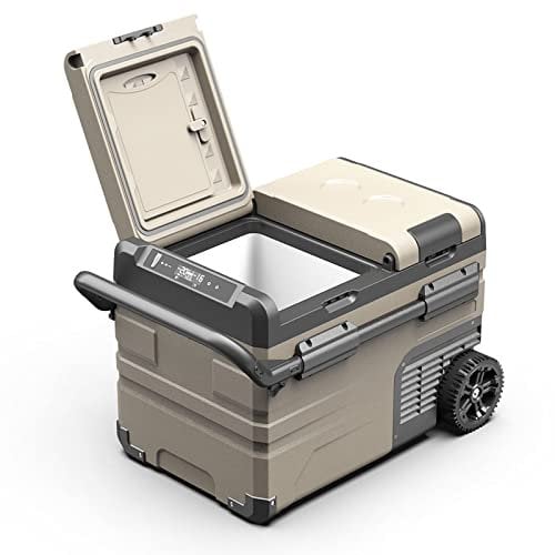 Car Refrigerator, Portable Compressor Cooler Box, Mini Freezer (-4℉~68℉) with App Control Car Compressor Fridge Cooler 12v/24v Dc and 110-240v Ac for Campervan Rv Boat Travel,add wheels poles,35L