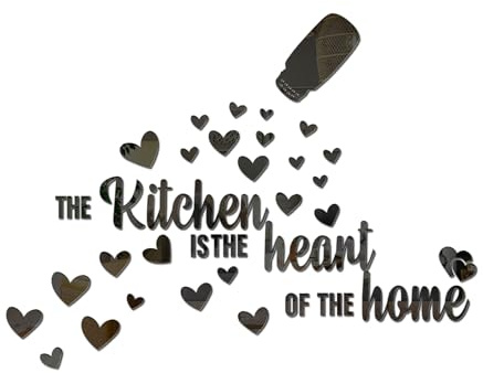 The Kitchen is The Heart of The Home Spiegel-Wandaufkleber, Acryl-Küchen-Wandaufkleber, Abziehen und Aufkleben, Inspirierende Zitate, Dekoration, Kunst, Wandbild, Spruch für Familie (schwarz)