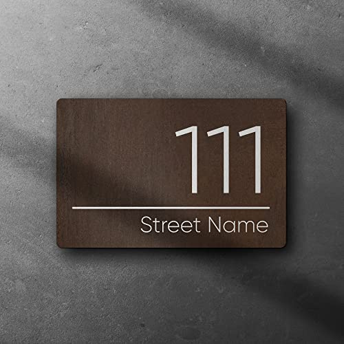 Personalised Contemporary Hidden Fixings Sign, Rusty Metal Style House Sign | Rusted Metal Style Modern Patina Door Number Plaque (Dark Brown Rust)