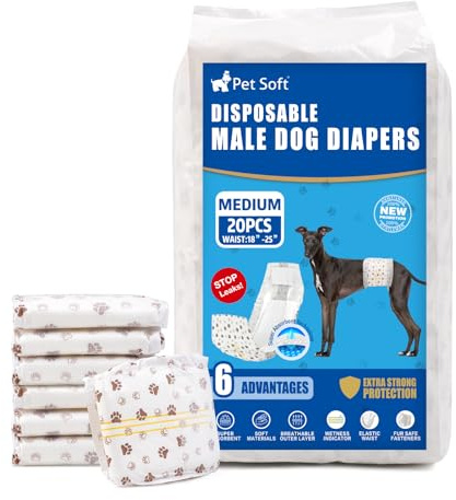 Pet Soft Dog Nappies Male- 20 Counts Disposable Male Dog Wraps, Super Absorbent Puppy Dog Diapers Incontinence Nappy Wraps with Wetness Indicator (M-20 Count)