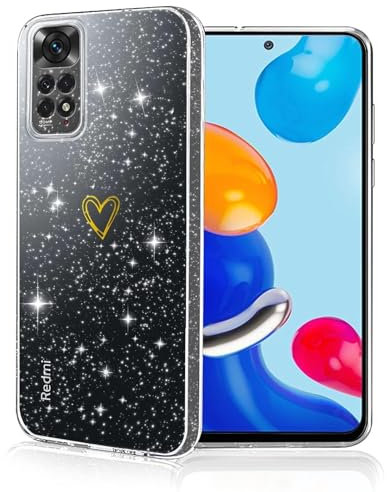 Coqinen Klar für Xiaomi Redmi Note 11/Note 11S Hülle, Herz Muster Silikon Handyhülle mit Glitzer, Dünne Kratzfeste Stoßfest Schutzhülle für Frauen und Mädchen, Transparent