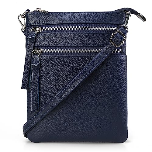befen Echtleder Umhängetasche Damen Klein Handtasche Leder Crossbody Bag mit 4 Fächern, Handytasche zum Unhängen Damen mit verstellbarem Schultergurt, Marineblau