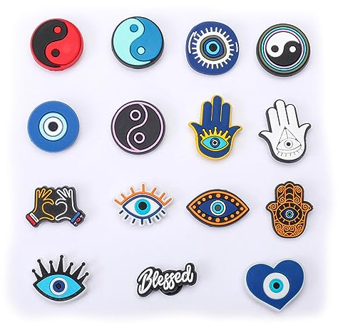 15, 30, Mixed, Girl Or Boy Superhero Famous Cute Cool Funny Random Colourful Shoe Charms Decorations For Croc Clog Shoes, Bracelet And Wristband For Women & Men No Duplicates (15 Evil Eye)