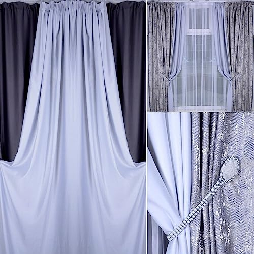 2x Set Luxus fertig Vorhänge Gardine nach Maß Jacquard Textur klassisch abstrakt Muster Grau Wohnzimmer Schlafzimmer Haus Wohnung Villa 140 cm breit 140 - 300 cm Lang (160 x140 cm)
