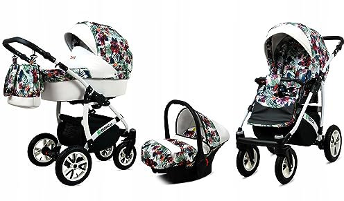 BabyLux® Bambimo Kinderwagen Set 3 in 1 - Tropical - incl. Babywanne, Buggy Sportsitz, Auto-Babyschale - Autositz - Kinderwagenset - Kombikinderwagen mit Wickeltasche, Regenschutz usw.