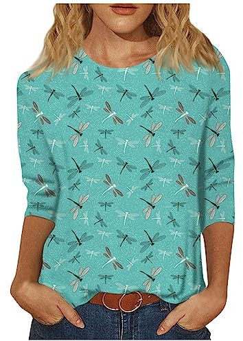 KEXIMIXUE Women's Blouses & Shirts Active Soft Elegant Blouse Womans Three Quarter Sleeve Summer Plus Siz Tops Crew Neck Printed Cozy T Shirt Womans Sky Blue
