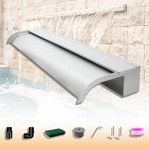 LONGRUNNEW Kit Cascata Piscina Laghetto, Curvo Lame per Fontana da Giardino Esterno in Acciaio Inossidabile con Accessori, Decorazione Laghetto da Giardino Patio (Lunghezza 90cm, Larghezza 18cm)
