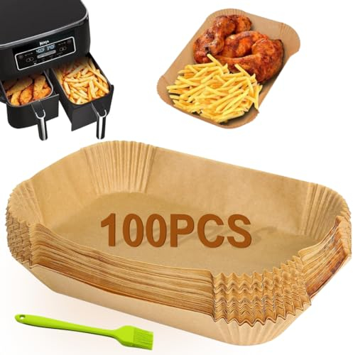 OMAREX Air Fryer Disposable Paper Liners, 100PC Liners for Ninja Air Fryer Dual, Airfryer Food Grade Accessories for AF300UK AF400UK, Salter, Tower and Other Dual Airfryer