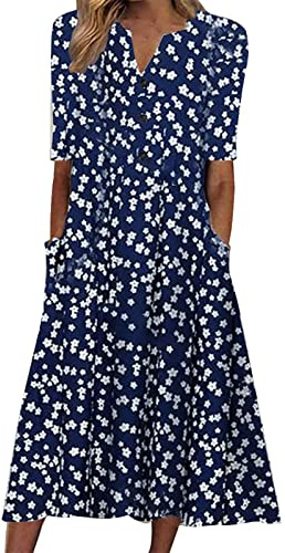 Midi Dresses for Women UK Short Sleeve V Neck Button Floral Dress Summer Casual Loose Fit Long Dresses with Pockets Comfy Lounge T Shirts Dress Beach Holiday Plus Size Elegant Sundress Sale