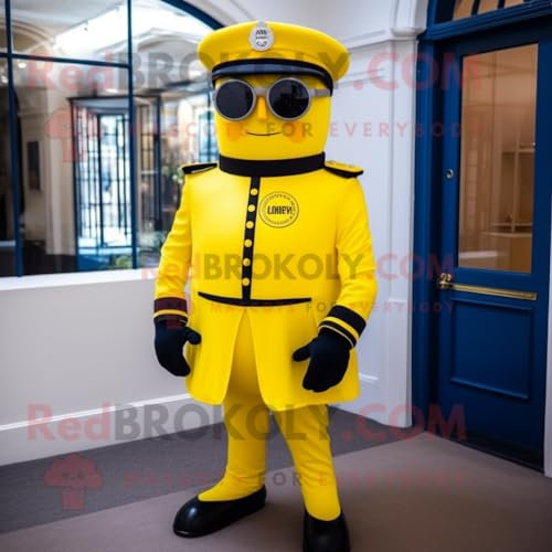 REDBROKOLY Giallo limone British Royal Guard mascotte personaggio costume vestito con un abito e occhiali da sole