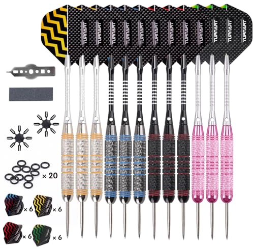 Turnart Dartpfeile Metallspitze -12 Stück 24 Gramm Profi Steel Darts Pfeile Dartpfeile Profi Dartpfeile Steel Set 12 Aluminium Schaft mit 24 Flights 20 Anti-Lose Gummiringe (Rosa)