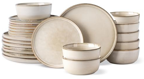 GBHOME Set di stoviglie in ceramica per 8, 24 pezzi, piatti e ciotole in gres, resistenti ai graffi, lavabili in lavastoviglie e adatti al microonde, smalto reattivo, cappuccino