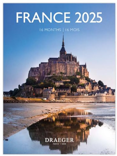 DRAEGER PARIS 1886 - Petit Calendrier Mural 2025 14x18 cm - Sept 24-Déc 25-12 Photos Thématiques - 7 Langues - Papier Haute Qualité - Design Élégant - Calendrier Lunaire et Vacances Scolaires