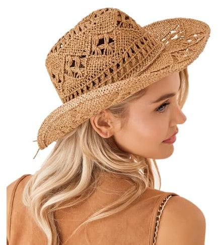 Womens Summer Straw Cowboy Hats Mens Outdoor Hand-Woven Hat Breathable Hollow Out Western Beach Sunhat (UK, Alpha, One Size, Khaki)