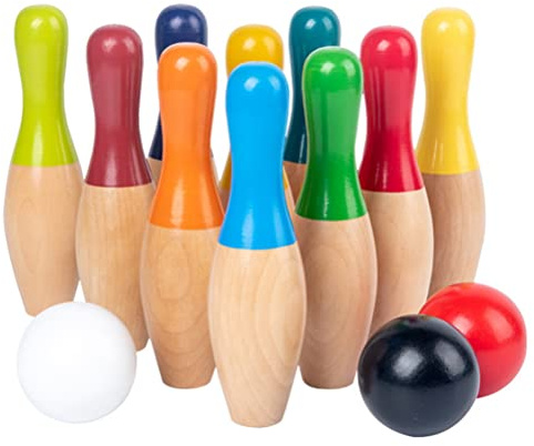 NOENNULL Bowling-Set aus Holz Kinder, Rasen-Bowling-Spiele, Holzbowling, Hinterhof, Kegel, Hof-Spiel-Set mit 10 Pins, 3 Bällen und Netztasche Kinder, Erwachsene, drinnen und
