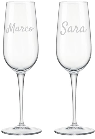 Colorfamily Set di 2 Calici Flute da Champagne Personalizzati con Incisione Nomi, Regalo Matrimonio Anniversario per Coppia