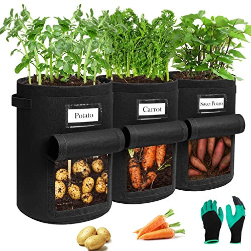 Airminti Kartoffel Pflanzsack 13-Gallonen Garten Pflanzsäcke: 3-Stück Filz Kartoffelsack mit Gartenhandschuhe für Tomaten, Kartoffeln, Pflanzen