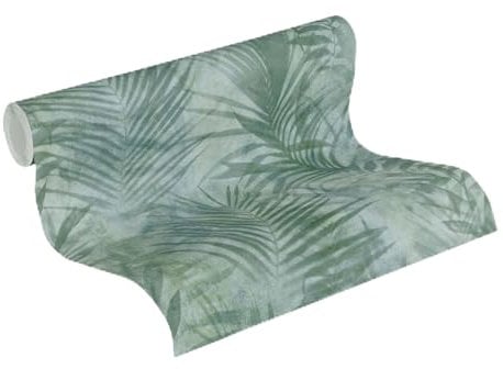 Livingwalls Carta da parati DESIGNDROP - carta da parati non tessuta preverniciato foglie di palma in verde, blu - 10,05 m x 0,53 m - Carta da parati effetto giungla - 784521