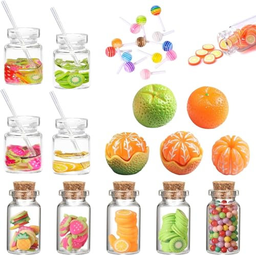 Miniatur Wichtel Zubehör,1:12 Puppenhaus Obst Glas und Trinken Set,Miniatur Fruchtscheiben Glasflasche,Miniatur Süßigkeitenglas,Miniatur Lebensmittel Puppenhaus,Miniatur Puppenhaus Zubehör