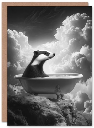 Artery8 Greeting Card Badger in Bathtub on a Mountain Cliff Black White Blank For Him Or Her Art Birthday Card