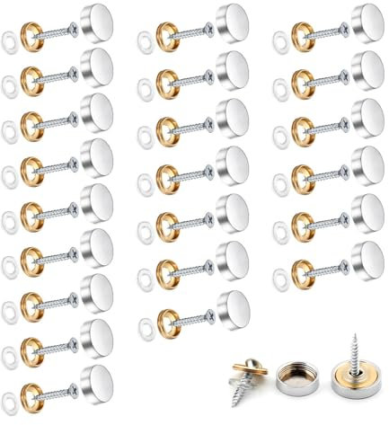 Wopanxye 24 Sets Mirror Screw, 10mm Decorative Brass Cap Chrome Covers Brushed Polished Stainless Steel Nail with Rubber Washers for Furniture Fittings Tables Bath Plates Wardrobes Glass Signs, Silver