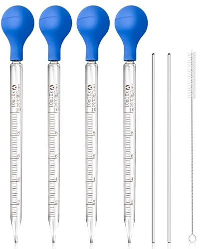 4 Piezas Pipetas de Vidrio de 10 ml,Vidrio Pipeta con 2 Varillas de Vidrio,Bola de Goma y Cepillo de Limpieza,Gotero Graduado para Medir y Mezclar con Precisión