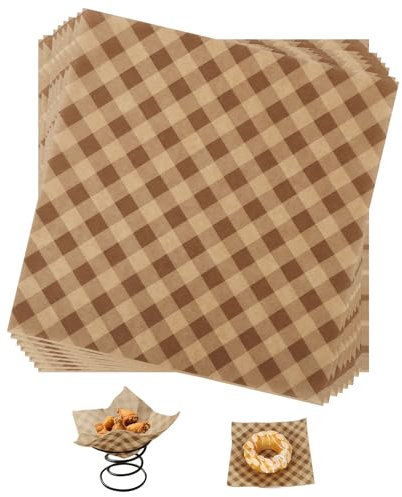 BOXOB 100 Hojas Papel Encerado Charcutería, 18x18cm Resistentes a la Grasa Forros Cestas de Comida para Sándwiches y Hamburguesas Revestimientos Bandeja para Servir Comida Picnics (Marrón)