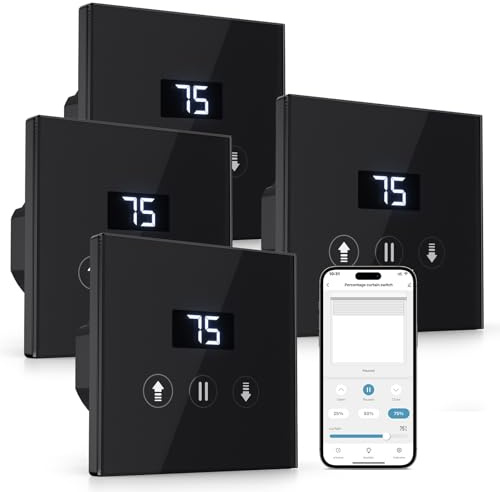 Allevoi 4 Pack Interrupteur Volet Roulant Connecté, 80 * 80 mm Interrupteur Tactile de Stores Compatible avec Alexa/Google Home, Équipé un Écran LCD en Pourcentage Contôle à Distance - Noir