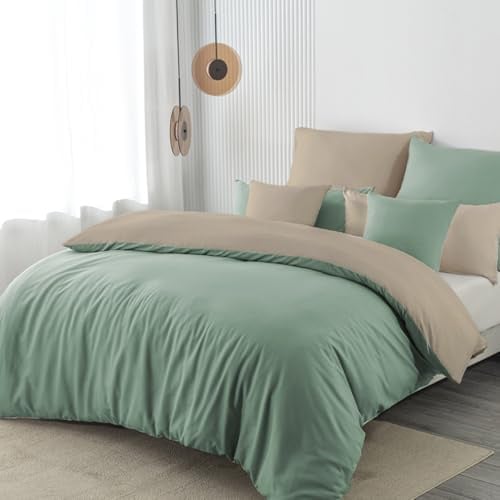 Nesture Bettwäsche 155x220 2teilig Mikrofaser, Pastellgrün/Warmes Beige | 1x Bettbezug 155x220 + 1x Kissenbezug 80x80cm mit Reißverschluss, Bettwäsche-Sets Wendebettwäsche, weich & bügelfrei