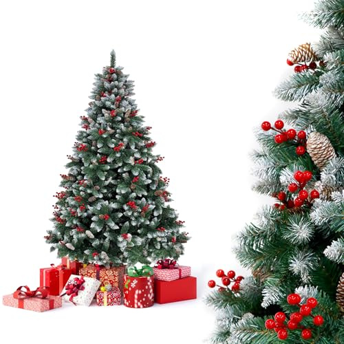 YOUDENOVA Künstlicher Weihnachtsbaum mit Schnee Tannenbaum künstlich 150 cm Christbaum mit Ilex Tannenzapfen Schneebaum Kunst Weihnachtsbaum mit Schnellaufbau Klappsystem