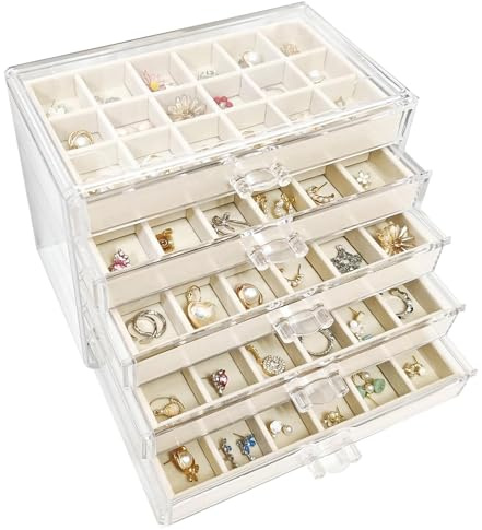 Kongming Acryl Schmuckaufbewahrung 5 Ebenen, Schmuck Organizer Schmuckkasten mit 5 Samt Schublade Jewelry Box mit Aufnehmbare Tabletts für Schmuck Aufbewahrung, Halsketten, Ringe, Ohrringe (Beige)