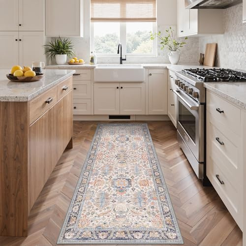 BEIMO Läufer Flur 80x200cm, Vintage Waschbarer Teppich Rotblau | Boho Orientalisch Wohnzimmerteppich, Weicher Kurzflor Klein Carpet mit Rutschfester für Eingang, Bettvorleger Schlafzimmer