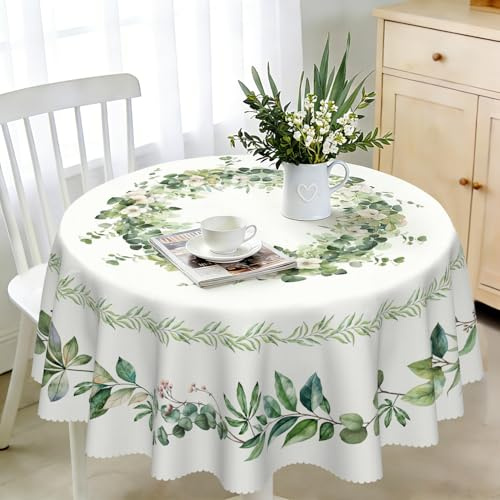 Tischdecke Rund 160 cm Wetterfest Abwaschbar - Polyester Eukalyptus Floral Muster - Outdoor Tischdecke für Garten Küche Esszimmer Balkon - für 6-8 Personen - Wasserdicht & Langanhaltend
